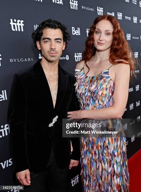 Joe Jonas and Sophie Turner attend the "Devotion" Premiere at Cinesphere on September 12, 2022 in Toronto, Ontario.