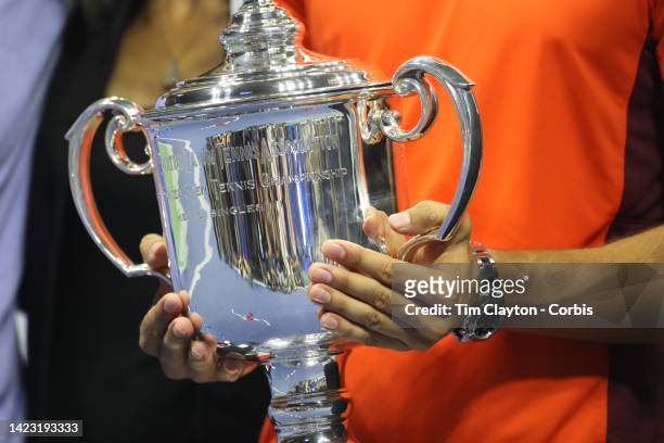 September 11: Carlos Alcaraz of Spain with the winner's trophy after his victory against Casper Ruud of Norway in the Men's Singles Final match on...