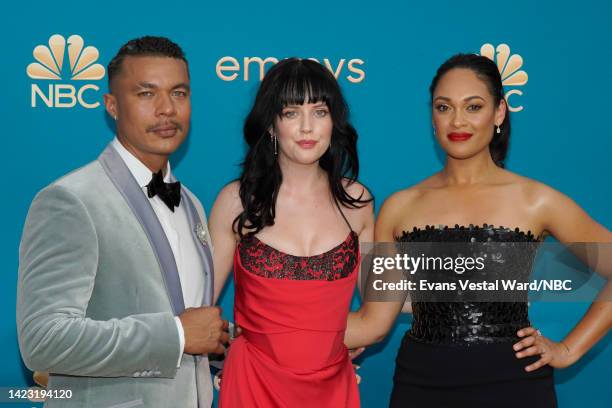 74th ANNUAL PRIMETIME EMMY AWARDS -- Pictured: Ismaël Cruz Córdova, Markella Kavenagh, and Cynthia Addai-Robinson arrive to the 74th Annual Primetime...