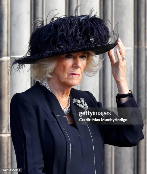 Camilla, Queen Consort attends a Service of Thanksgiving for the life of Queen Elizabeth II on September 12, 2022 in Edinburgh, Scotland. King...