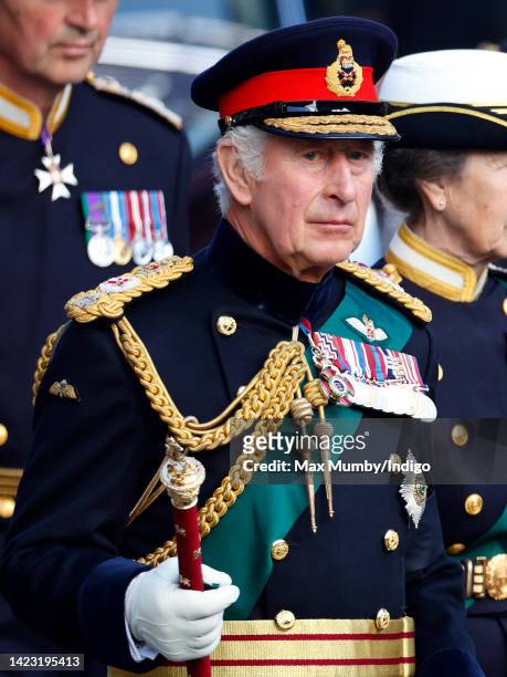 King Charles III walks along The Royal Mile as he accompanies Queen Elizabeth II's coffin to St Giles' Cathedral for a Service of Thanksgiving on...