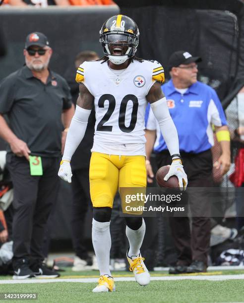 Cameron Sutton of the Pittsburgh Steelers after intercepting a pass during the game against the Cincinnati Bengals at Paycor Stadium on September 11,...