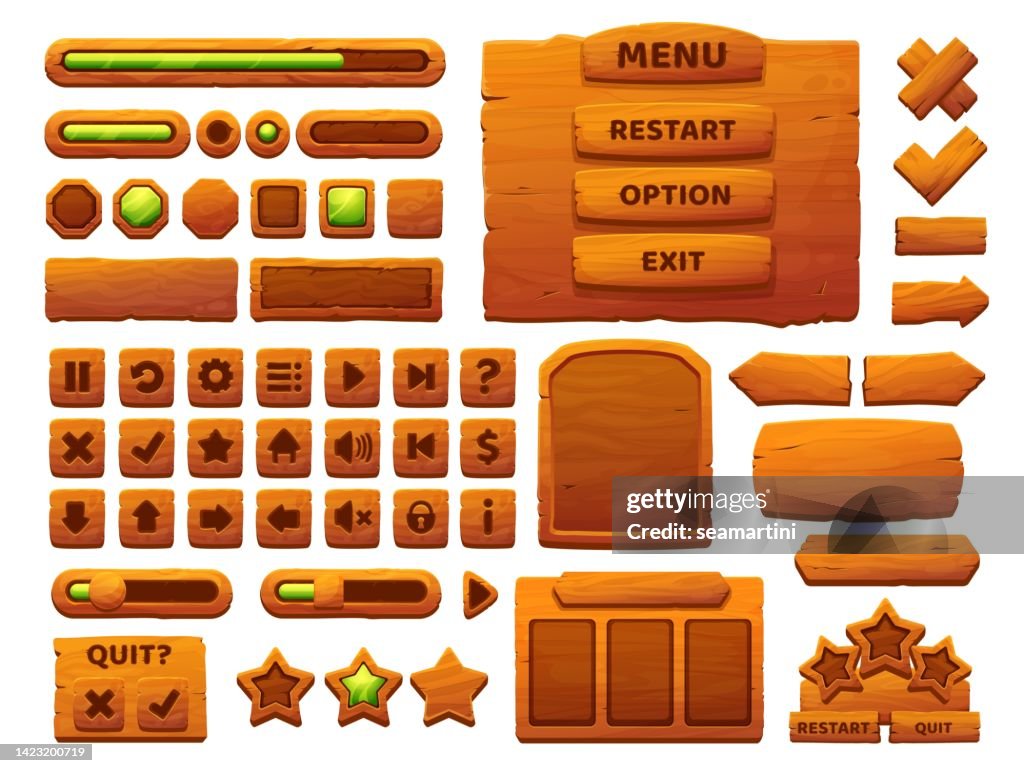 Cartoon Uibutton Wooden Buttons Cartoon Interface Game Ui Elements High-Res Vector ...