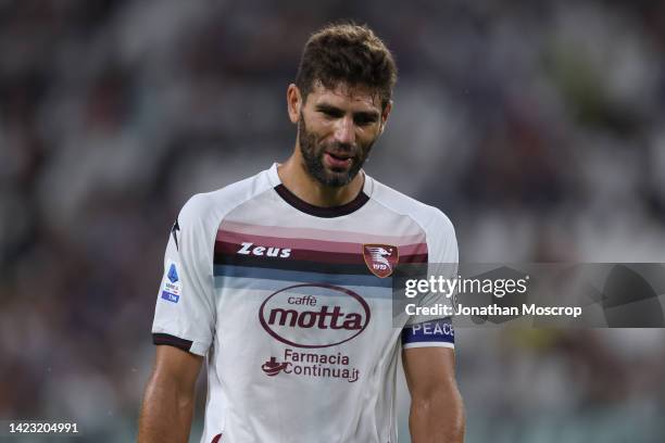 Federico Fazio of Salernitana reacts during the Serie A match between Juventus and Salernitana at Allianz Stadium on September 11, 2022 in Turin,...