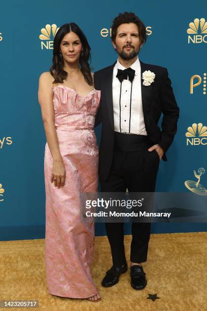 Naomi Scott and Adam Scott attend the 74th Primetime Emmys at Microsoft Theater on September 12, 2022 in Los Angeles, California.