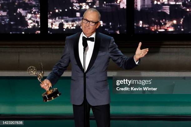 Michael Keaton accepts Outstanding Lead Actor in a Limited or Anthology Series or Movie for "Dopesick onstage during the 74th Primetime Emmys at...