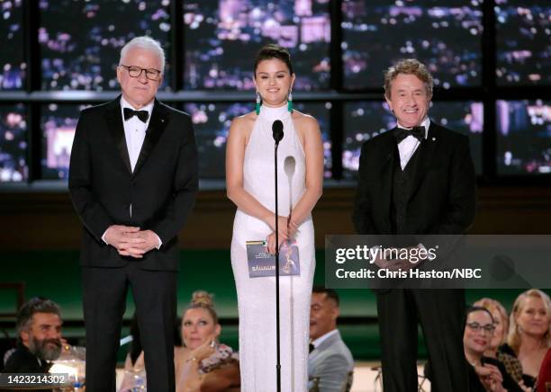 74th ANNUAL PRIMETIME EMMY AWARDS -- Pictured: Steve Martin, Selena Gomez and Martin Short speak on stage during the 74th Annual Primetime Emmy...