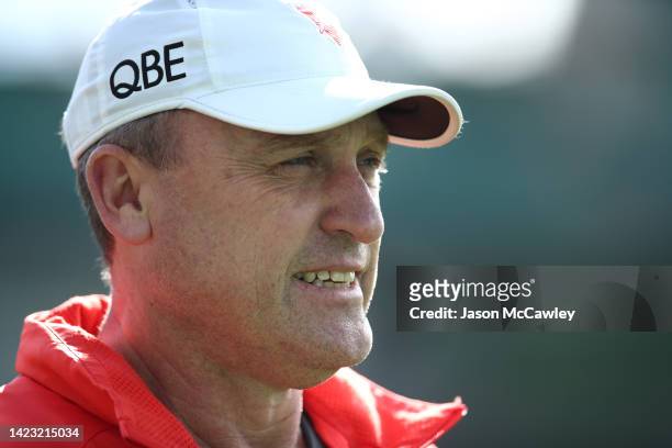 John Longmire, Senior Coach of the Swans speaks to the media during a Sydney Swans AFL training session at Sydney Cricket Ground on September 13,...