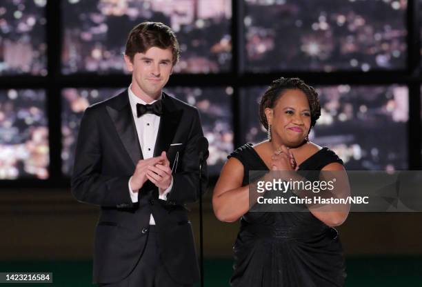 74th ANNUAL PRIMETIME EMMY AWARDS -- Pictured: Freddie Highmore and Chandra Wilson speak on stage during the 74th Annual Primetime Emmy Awards held...