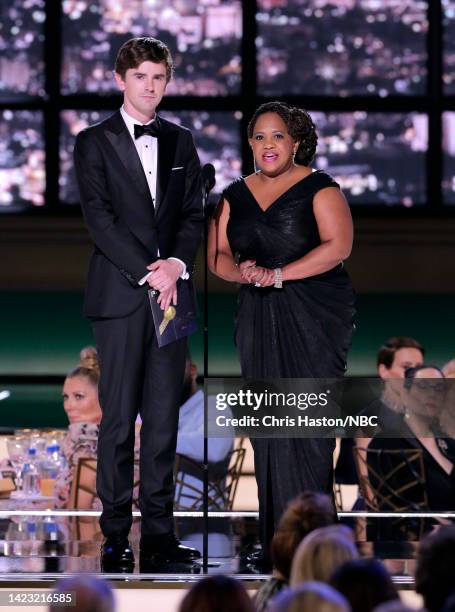 74th ANNUAL PRIMETIME EMMY AWARDS -- Pictured: Freddie Highmore and Chandra Wilson speak on stage during the 74th Annual Primetime Emmy Awards held...