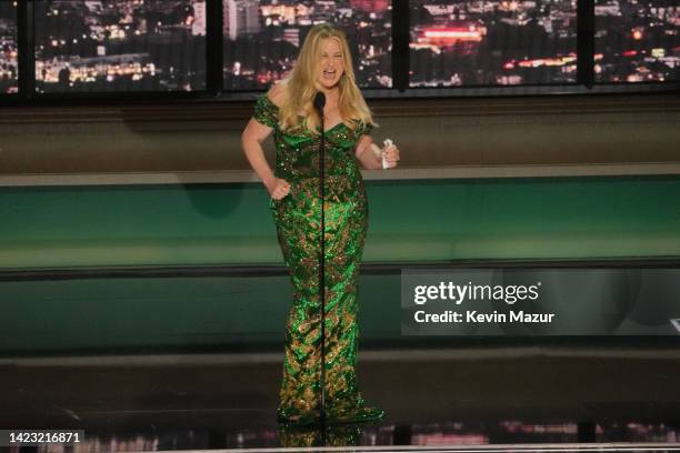 Jennifer Coolidge accepts the Outstanding Supporting Actress in a Limited or Anthology Series or Movie award for ‘The White Lotus’ onstage during the...