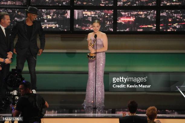 Amanda Seyfried accepts the Outstanding Lead Actress in a Limited or Anthology Series or Movie award for ‘The Dropout’ onstage during the 74th...