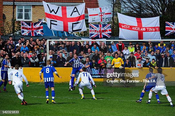 General action during the FA Vase Semi Final second leg between West Auckland and Herne Bay at Darlington Road on March 31, 2012 in Bishop Auckland,...