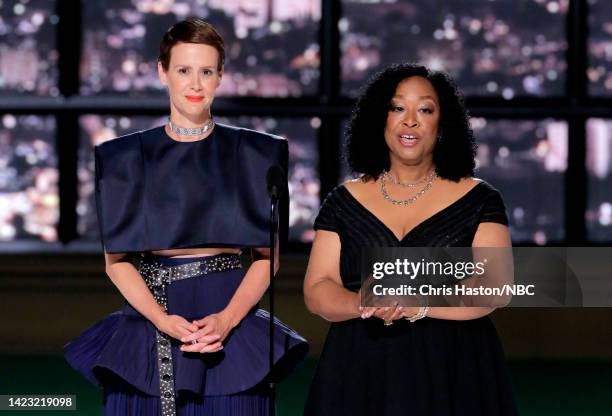 74th ANNUAL PRIMETIME EMMY AWARDS -- Pictured: Sarah Paulson and Shonda Rhimes speak on stage during the 74th Annual Primetime Emmy Awards held at...