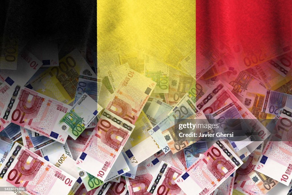 Euro cash bills and Belgium flag