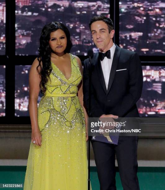 74th ANNUAL PRIMETIME EMMY AWARDS -- Pictured: Mindy Kaling and B.J. Novak speak on stage during the 74th Annual Primetime Emmy Awards held at the...