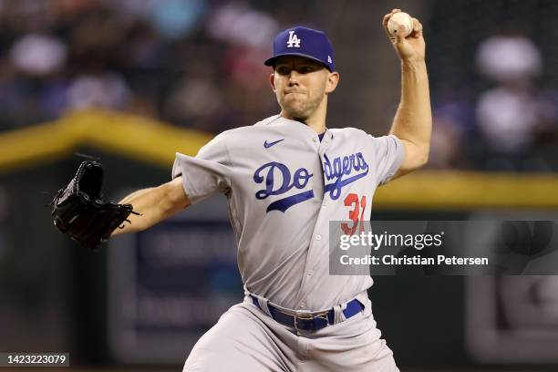 Tyler Anderson of the Los Angeles Dodgers pitches against the Arizona Diamondbacks in the first inning at Chase Field on September 12, 2022 in...