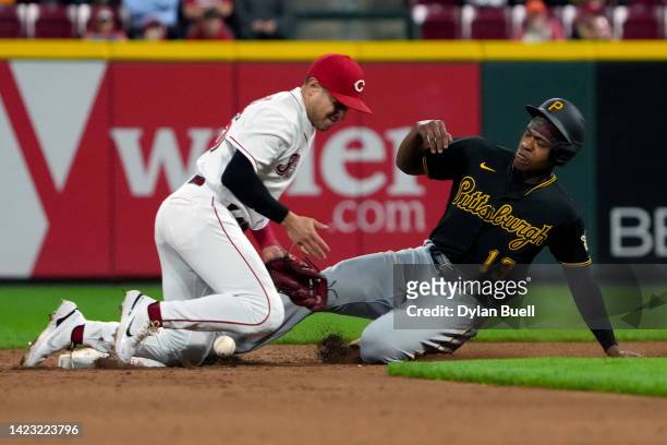Ke'Bryan Hayes of the Pittsburgh Pirates steals second base against Alejo Lopez of the Cincinnati Reds in the fifth inning at Great American Ball...