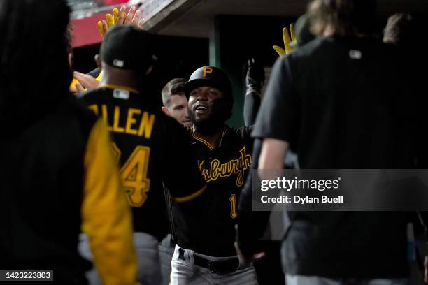 Rodolfo Castro of the Pittsburgh Pirates celebrates his three-run home run in the fifth inning against the Cincinnati Reds at Great American Ball...