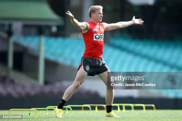 Isaac Heeney of the Swans reacts during a Sydney Swans AFL training session at Sydney Cricket Ground on September 13, 2022 in Sydney, Australia.