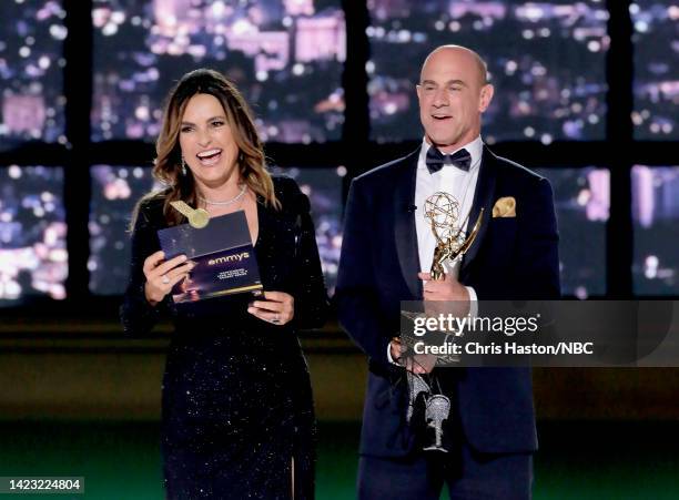 74th ANNUAL PRIMETIME EMMY AWARDS -- Pictured: Mariska Hargitay and Christopher Meloni speak on stage during the 74th Annual Primetime Emmy Awards...