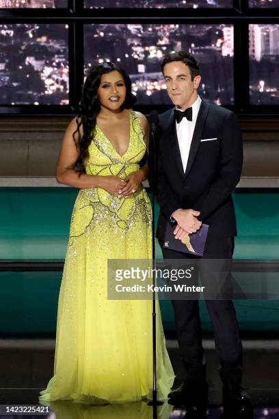 Mindy Kaling and B. J. Novak speak onstage during the 74th Primetime Emmys at Microsoft Theater on September 12, 2022 in Los Angeles, California.