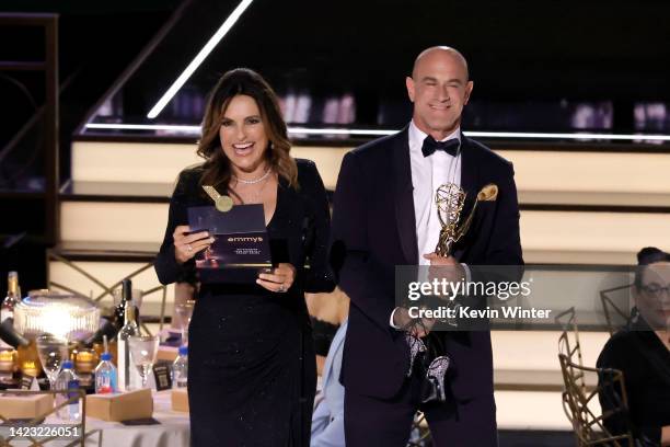 Mariska Hargitay and Christopher Meloni speak onstage during the 74th Primetime Emmys at Microsoft Theater on September 12, 2022 in Los Angeles,...