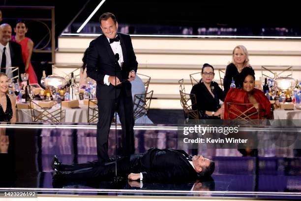 Will Arnett and Jimmy Kimmel speak onstage during the 74th Primetime Emmys at Microsoft Theater on September 12, 2022 in Los Angeles, California.