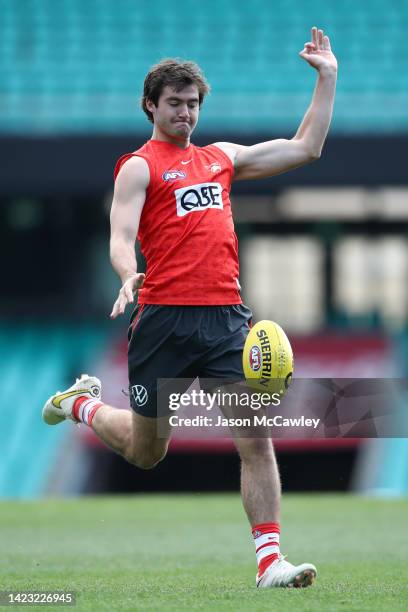 Logan McDonald of the Swans kicks during a Sydney Swans AFL training session at Sydney Cricket Ground on September 13, 2022 in Sydney, Australia.