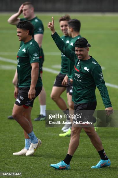 Cody Walker of the Rabbitohs reacts during a South Sydney NRL training session at Redfern Oval on September 13, 2022 in Sydney, Australia.