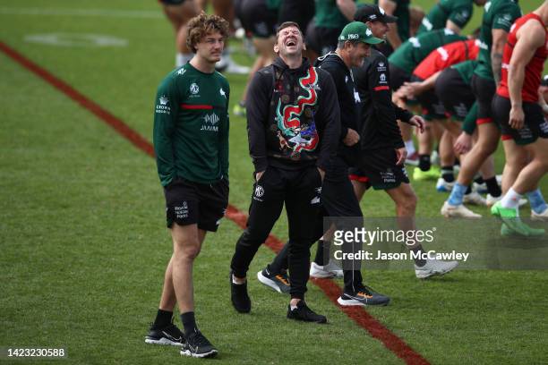 Rabbitohs coach Jason Demetriou laughs during a South Sydney NRL training session at Redfern Oval on September 13, 2022 in Sydney, Australia.