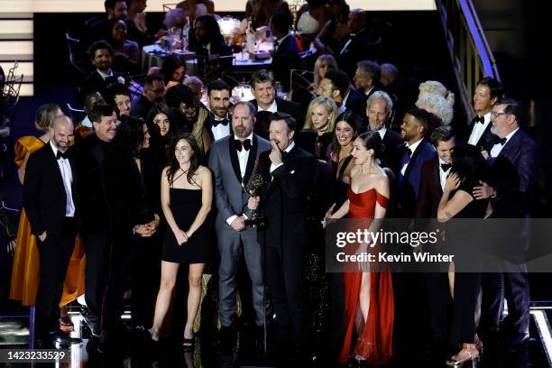 Jason Sudeikis and cast and crew of "Ted Lasso" accept Outstanding Comedy Series onstage during the 74th Primetime Emmys at Microsoft Theater on...