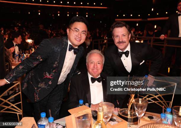 74th ANNUAL PRIMETIME EMMY AWARDS -- Pictured: Bowen Yang, Lorne Michaels, and Jason Sudeikis attend the 74th Annual Primetime Emmy Awards held at...