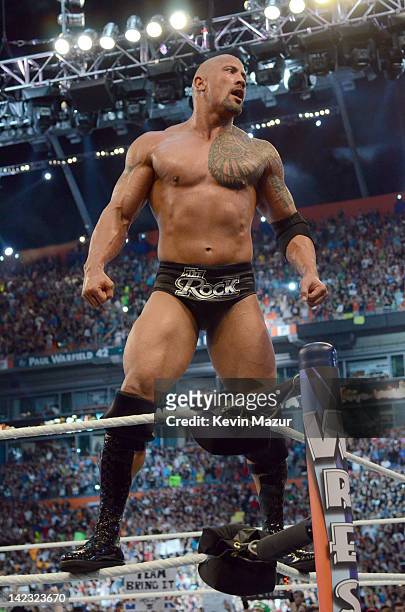 Dwayne "The Rock" Johnson attends WrestleMania XXVlll at Sun Life Stadium on April 1, 2012 in Miami Gardens, Florida.