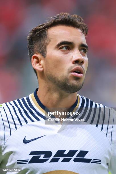 Adrian Aldrete of Pumas looks on during the 14th round match between Toluca and Pumas UNAM as part of the Torneo Apertura 2022 Liga MX at Nemesio...