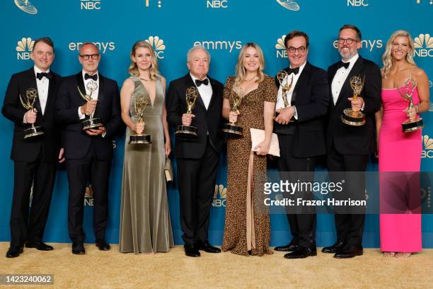 Lorne Michaels and writers/producers of "Saturday Night Live," winners of Outstanding Variety Sketch Series, pose in the press room during the 74th...