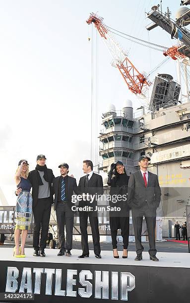 Actress Brooklyn Decker, actors Alexander Skarsgard, Taylor Kitsch, Tadanobu Asano, actress Rihanna and director Peter Burg attend the 'Battleship'...