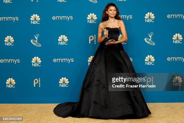 Zendaya, winner of Outstanding Lead Actress in a Drama Series for “Euphoria,” poses in the press room during the 74th Primetime Emmys at Microsoft...