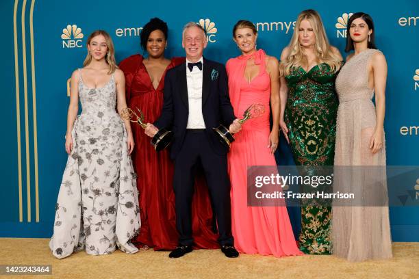 Sydney Sweeney, Natasha Rothwell, Mike White, Connie Britton, Jennifer Coolidge, and Alexandra Daddario, winners of Outstanding Limited or Anthology...