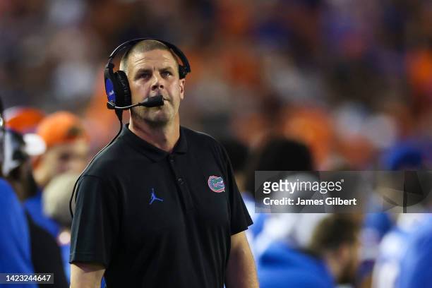 Head coach Billy Napier of the Florida Gators looks on during the first half of a game against the Kentucky Wildcats at Ben Hill Griffin Stadium on...
