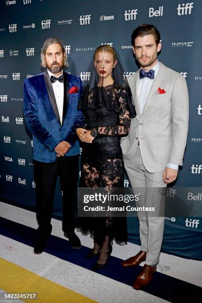 Ti West, Mia Goth, and David Corenswet attend the "Pearl" Premiere during the 2022 Toronto International Film Festival at Royal Alexandra Theatre on...