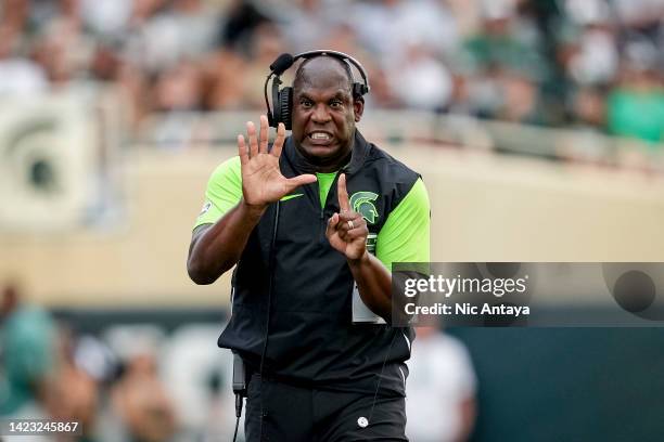 Head coach Mel Tucker of the Michigan State Spartans reacts during the game against the Akron Zips at Spartan Stadium on September 10, 2022 in East...