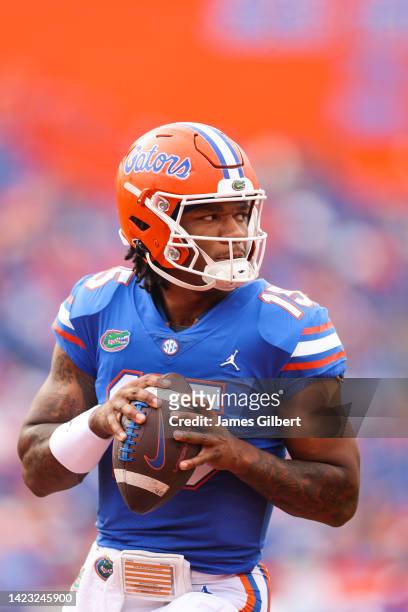 Anthony Richardson of the Florida Gators looks on before the start of a game against the Kentucky Wildcats at Ben Hill Griffin Stadium on September...