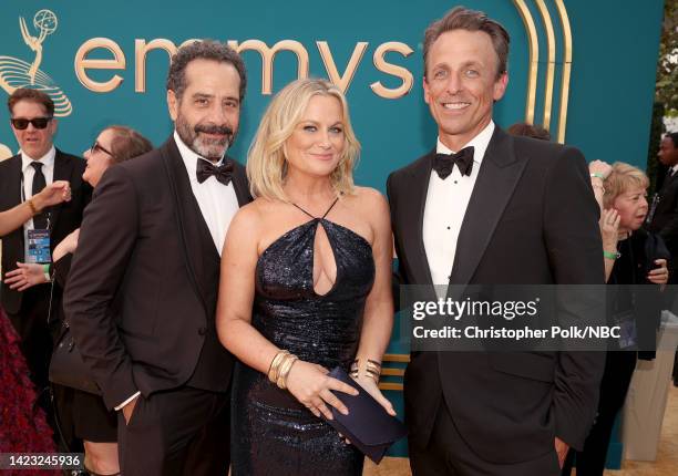74th ANNUAL PRIMETIME EMMY AWARDS -- Pictured: Tony Shalhoub , Amy Poehler, and Seth Meyers arrive to the 74th Annual Primetime Emmy Awards held at...