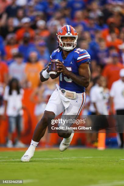 Anthony Richardson of the Florida Gators looks to pass during the 1st quarter of a game against the Kentucky Wildcats at Ben Hill Griffin Stadium on...