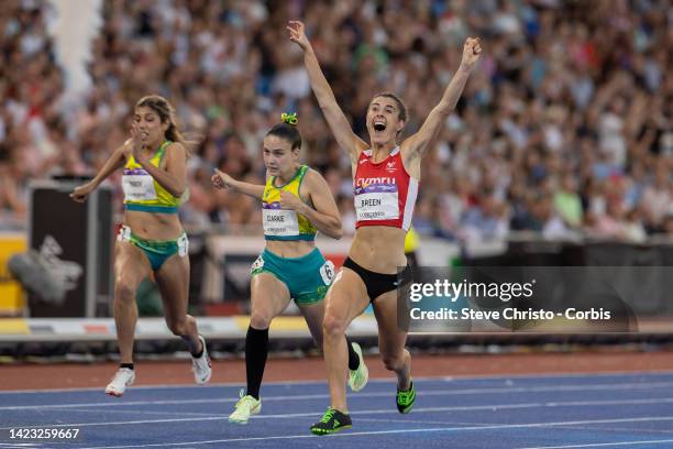 Olivia Breen of Wales wins gold in the women's T/37/38 100m final during the athletics on day five of the Birmingham 2022 Commonwealth Games at...