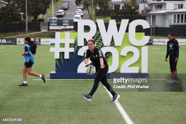 Black Fern players lead a skills and drills session on the turf with young rugby players following the Black Ferns squad announcement for the...