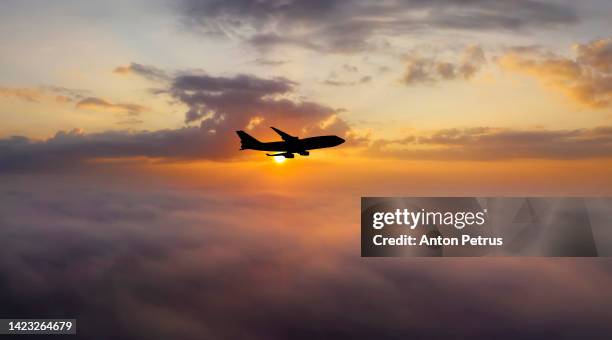 airplane at sunset above the clouds. travel by air - the launch arrivals stock pictures, royalty-free photos & images