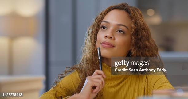 idea, writing and education with a student in college or university studying for a test or exam and thinking. scholarship, learning and development with a young woman learner in her home to study - financial aid stock pictures, royalty-free photos & images