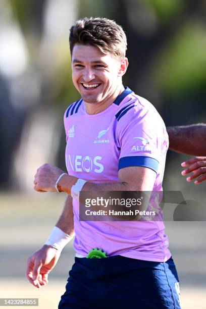 Beauden Barrett of the All Blacks reacts during a New Zealand All Blacks training session at Powerhouse Junior Rugby Club on September 13, 2022 in...